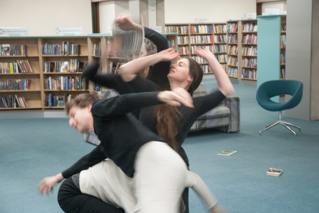 Library Dance, 19 December 2017 at Oxfordshire Central Library, Westgate Centre, Oxford with dancers: Lizzy Spight, Naomi Morris Lizie Giraudeau and Andrew Wood. Photo: Karl Wallendszus