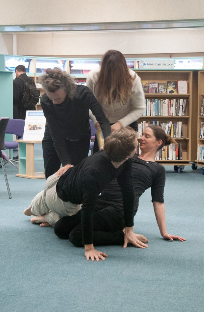 Library Dance, 19 December 2017 at Oxfordshire Central Library, Westgate Centre, Oxford with dancers: Lizzy Spight, Naomi Morris Lizie Giraudeau and Andrew Wood. Photo: Karl Wallendszus