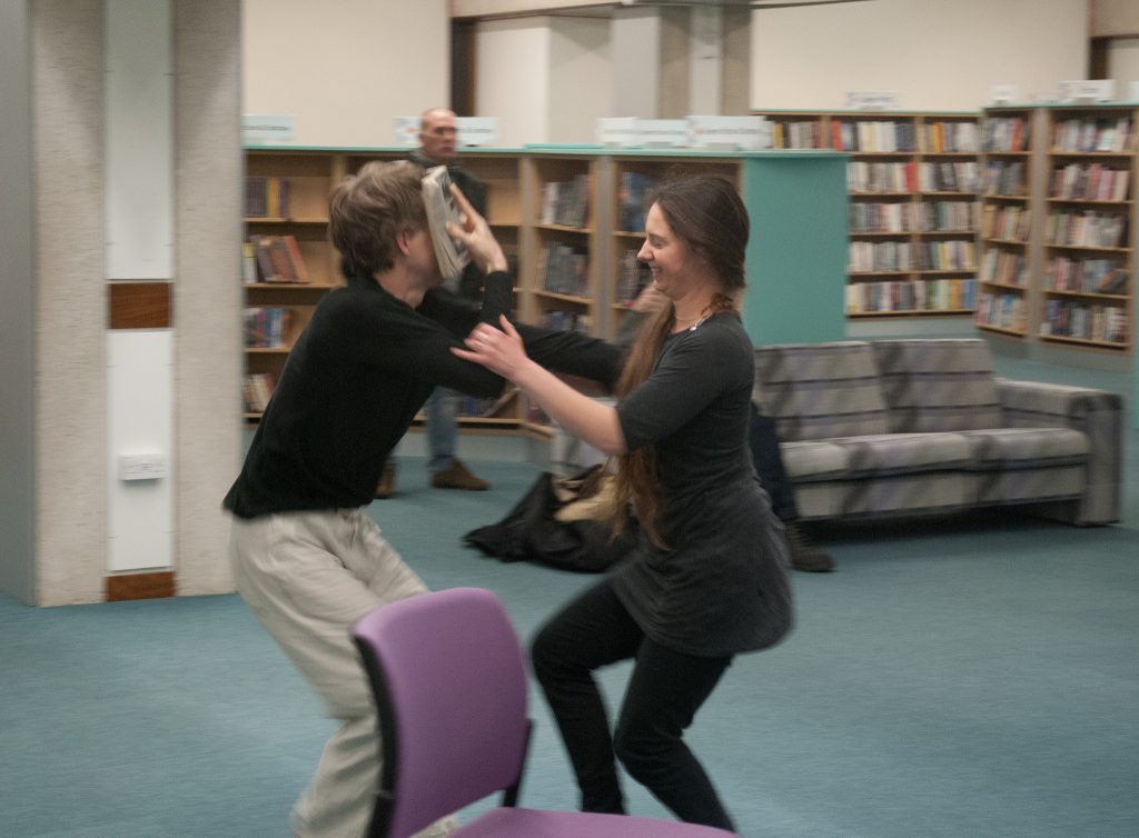 Library Dance, 19 December 2017 at Oxfordshire Central Library, Westgate Centre, Oxford with dancers: Lizzy Spight, Naomi Morris Lizie Giraudeau and Andrew Wood. Photo: Karl Wallendszus