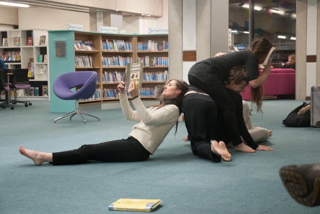 Library Dance, 19 December 2017 at Oxfordshire Central Library, Westgate Centre, Oxford with dancers: Lizzy Spight, Naomi Morris Lizie Giraudeau and Andrew Wood. Photo: Karl Wallendszus