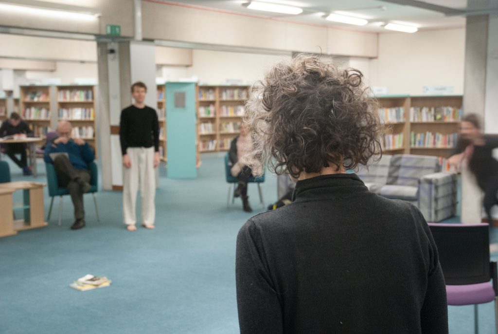 Library Dance, 19 December 2017 at Oxfordshire Central Library, Westgate Centre, Oxford with dancers: Lizzy Spight, Naomi Morris Lizie Giraudeau and Andrew Wood. Photo: Karl Wallendszus