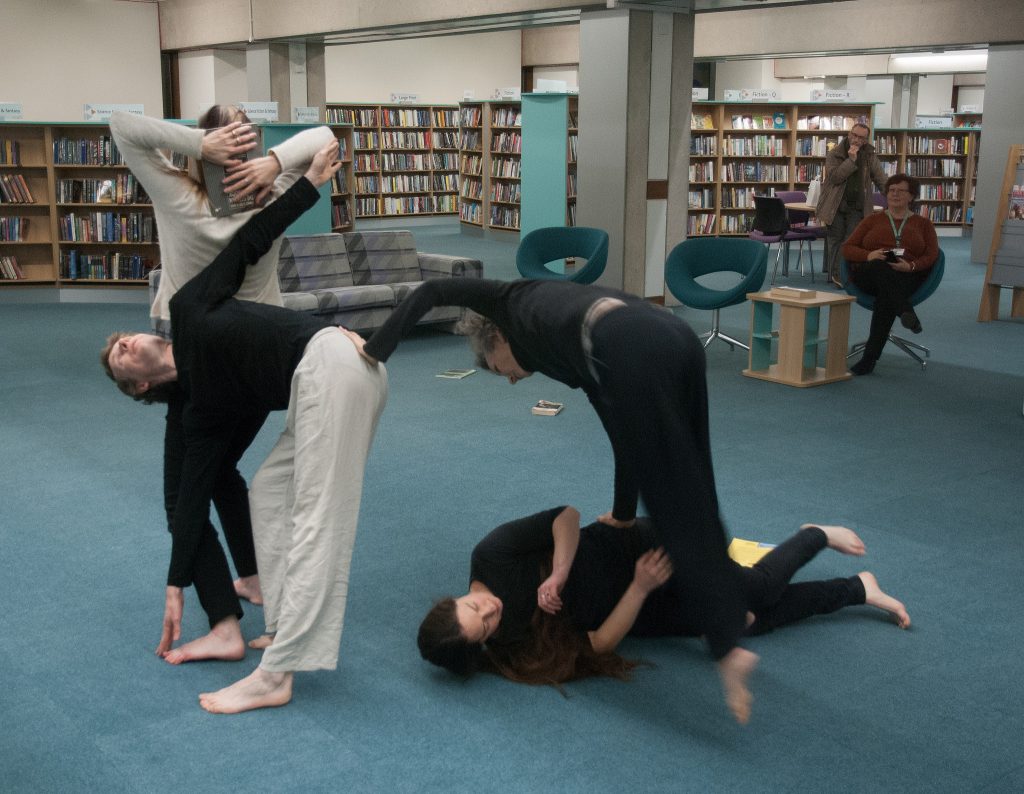 Library Dance, 19 December 2017 at Oxfordshire Central Library, Westgate Centre, Oxford with dancers: Lizzy Spight, Naomi Morris Lizie Giraudeau and Andrew Wood. Photo: Karl Wallendszus