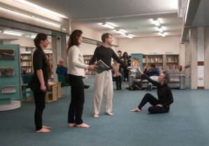 Library Dance, 19 December 2017 at Oxfordshire Central Library, Westgate Centre, Oxford with dancers: Lizzy Spight, Naomi Morris Lizie Giraudeau and Andrew Wood. Photo: Karl Wallendszus