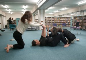 Library Dance, 19 December 2017 at Oxfordshire Central Library, Westgate Centre, Oxford with dancers: Lizzy Spight, Naomi Morris Lizie Giraudeau and Andrew Wood. Photo: Karl Wallendszus