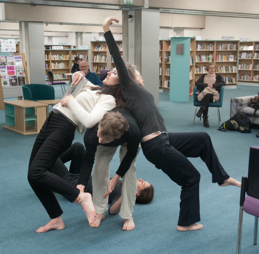 Library Dance, 19 December 2017 at Oxfordshire Central Library, Westgate Centre, Oxford with dancers: Lizzy Spight, Naomi Morris Lizie Giraudeau and Andrew Wood. Photo: Karl Wallendszus