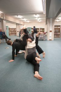 Library Dance, 19 December 2017 at Oxfordshire Central Library, Westgate Centre, Oxford with dancers: Lizzy Spight, Naomi Morris Lizie Giraudeau and Andrew Wood. Photo: Karl Wallendszus