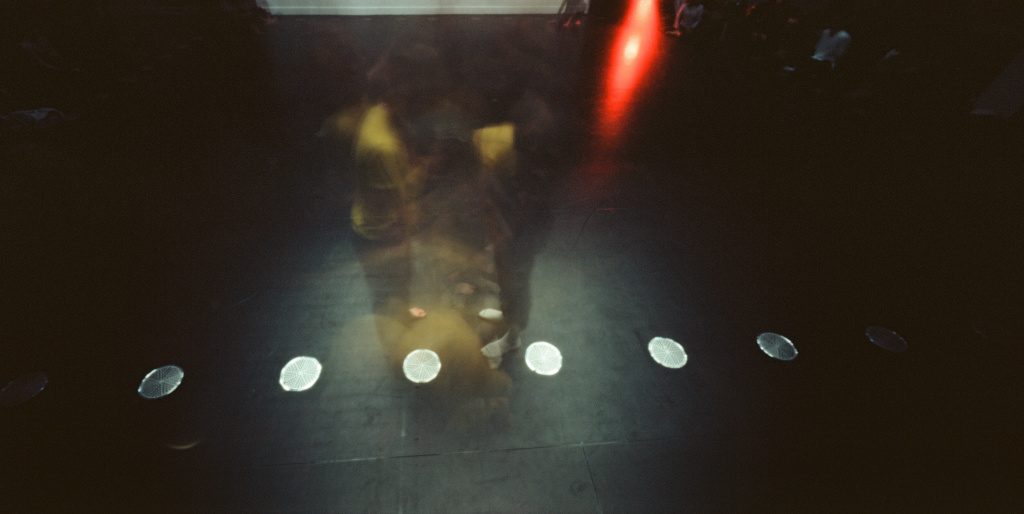 Long exposure colour photograph of fourth performance with Ash at Goldsmiths CI, 18 January 2025