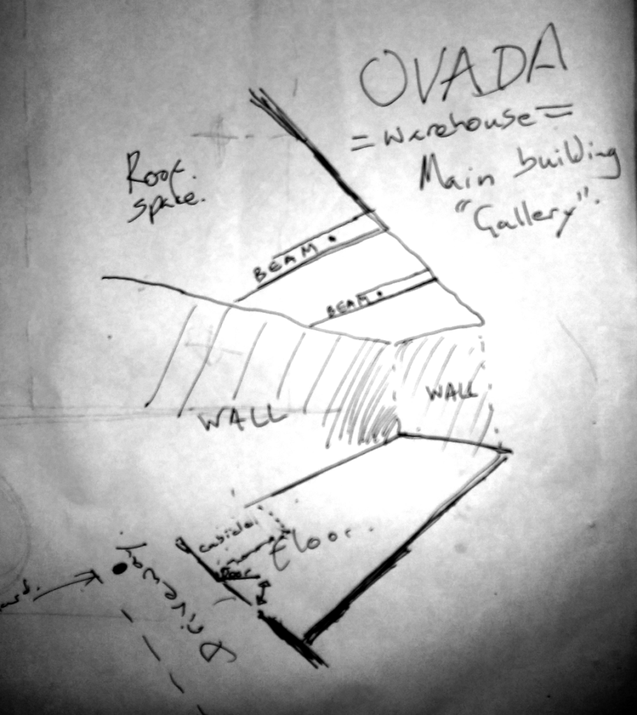 Drawing showing hanging arrangement for Residuals #7 with roof beams as attachment points (schematic)