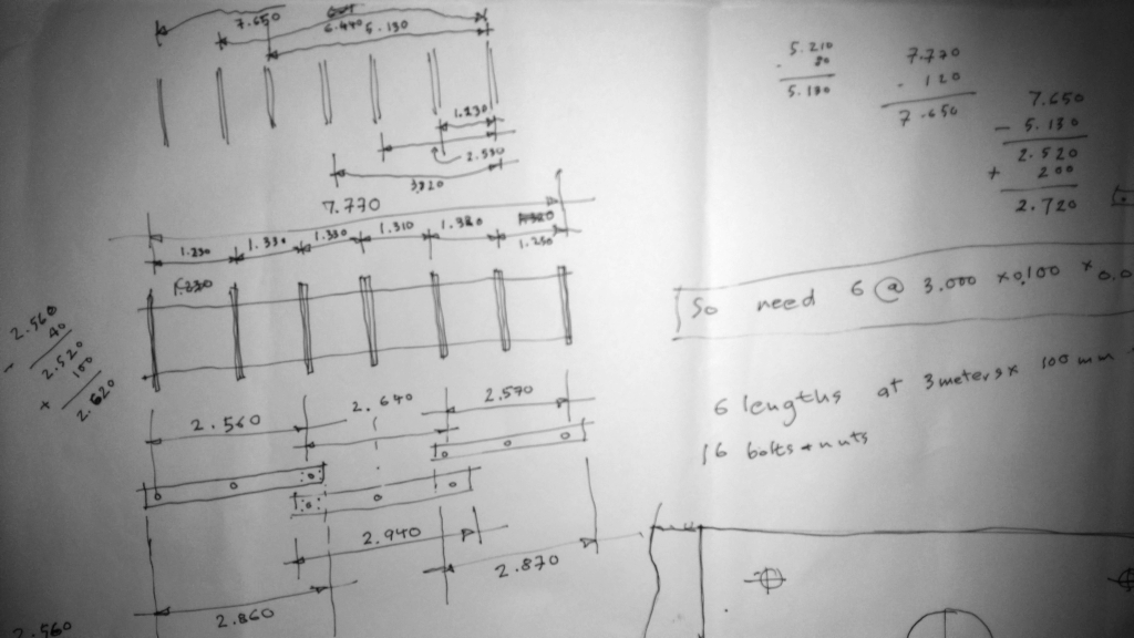 Version 1 of the hanging frame with an initial design like that of a clothes hanger. Note that each side of the frame has three parts bolted together, and that there are exacting measurements for each of the holes in the wood for the batons which tread through the calico fabric on the back of the charcoal drawing! Drawing by Theo Hopkins. April 2025.