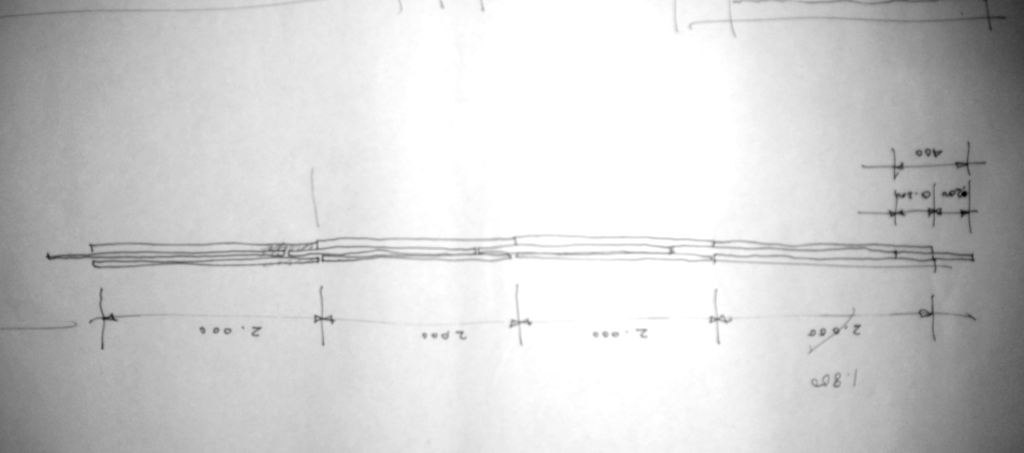 Drawing by Theo Hopkins showing Version 3 of the hanging frame (spine/beam) with four 2m plywood sections bolted together and end hangers too!
