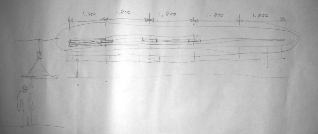 Drawing by Theo Hopkins showing Version 4 of the hanging frame (spine/beam) with five 1.8m plywood sections bolted together.