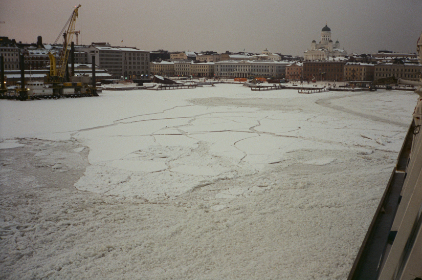 Sea ice, Helsinki Harbour, Finland on evening of Thursday 19 February 2026. Note the cathedral building on the top right. (Photo Ref: 235.457.5348/002)