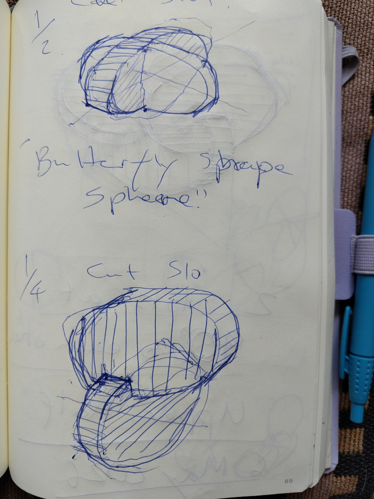 Sketches in my notebook of sculptural forms using intersection discs - cut from a log. The length of the slot cut into each disc/ slice of a log, changes the shape or volume of the resulting assemblage. (Photo ref: IMG_20260523_091834)
